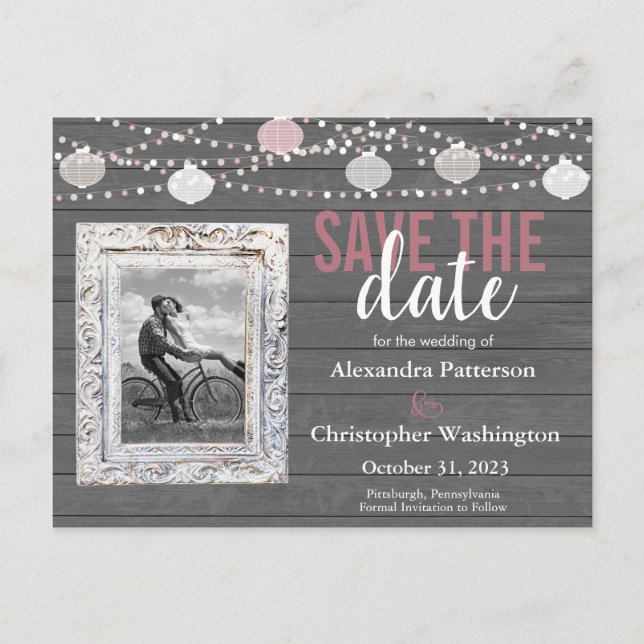 Rustic Wood & String Lights Photo Save the Date Invitation Postcard (Front)