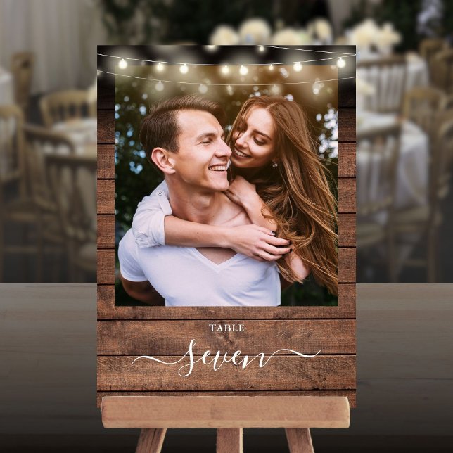 Rustic Wood String Lights Photo Table Number (Rustic Wood String Lights Photo Table Number)