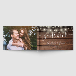 Rustic Wood String Lights Photo Wedding Guest Book