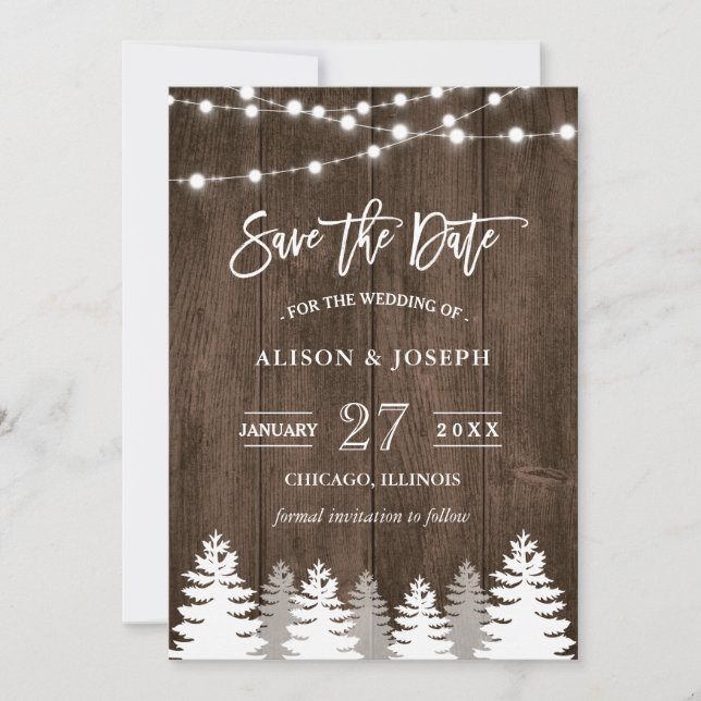 Rustic Wood String Lights Pine Tree Save the Date (Front)