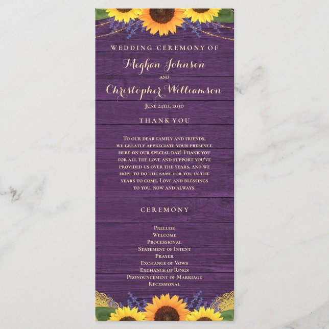 Rustic Wood String Lights Purple Sunflower Wedding Program (Front)