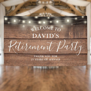 Rustic Wood String Lights Retirement Party Banner