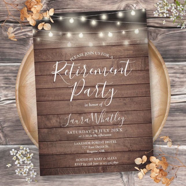 Rustic Wood String Lights Retirement Party Invitation (Rustic Wood String Lights Retirement Party Invitation)