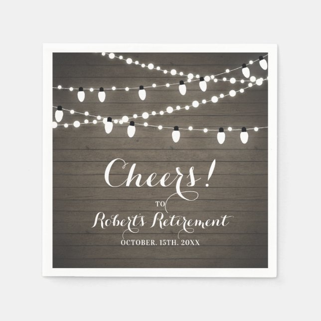 Rustic Wood & String Lights Retirement Party Napkin (Front)