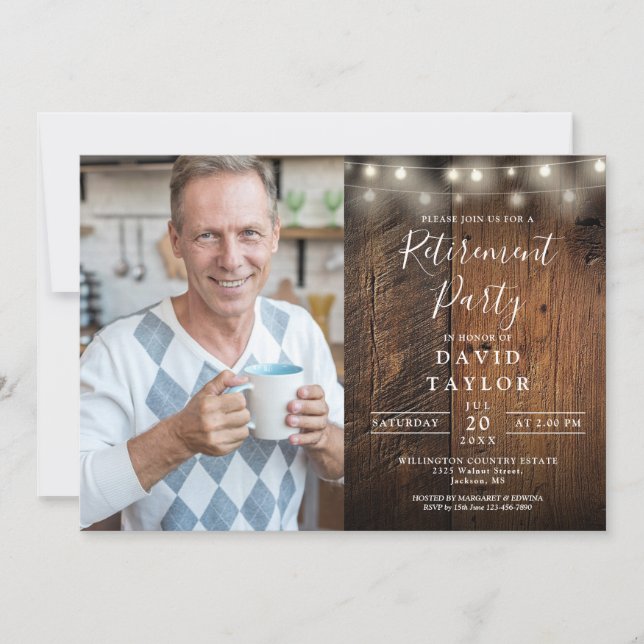 Rustic Wood String Lights Retirement Party Photo Invitation (Front)