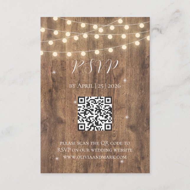 Rustic Wood & String Lights RSVP Card | Barn (Front)