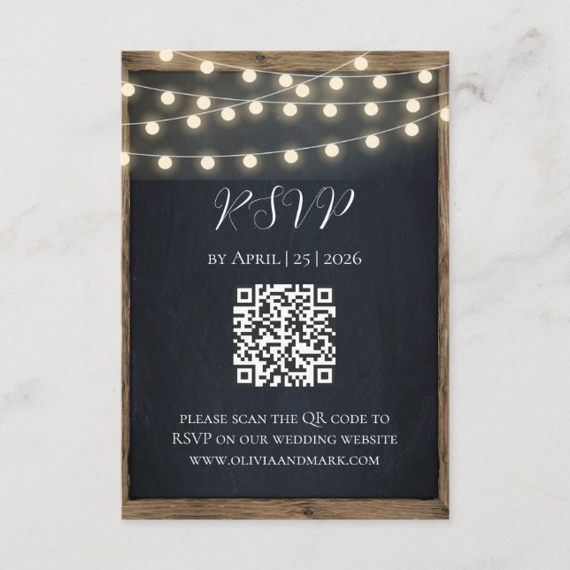 Rustic Wood & String Lights RSVP Card | Barn (Front)