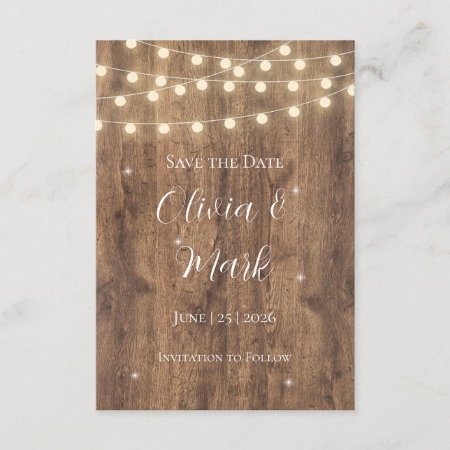 Rustic Wood & String Lights Save the Date | Barn Enclosure Card (Front)