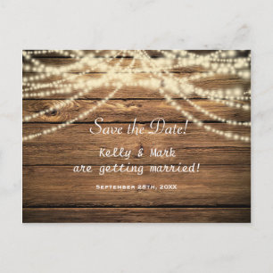Rustic Wood & String Lights Save The Date Postcard
