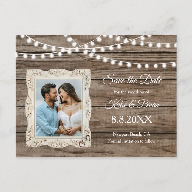 Rustic Wood & String Lights Save the Date Postcard (Front)