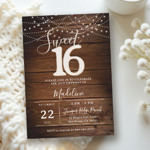 Rustic Wood String Lights Script Elegant Sweet 16 Invitation