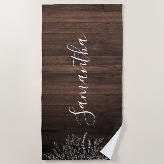 Rustic Wood String Lights Script Personalized Beach Towel (Front)