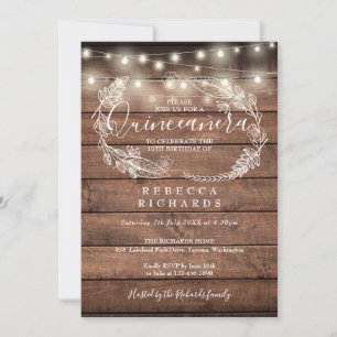 Rustic Wood String Lights Script Quinceañera 15th Invitation