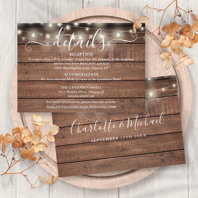 Rustic Wood String Lights Script Wedding Details Enclosure Card (Rustic Wood String Lights Script Wedding Details Enclosure Card)