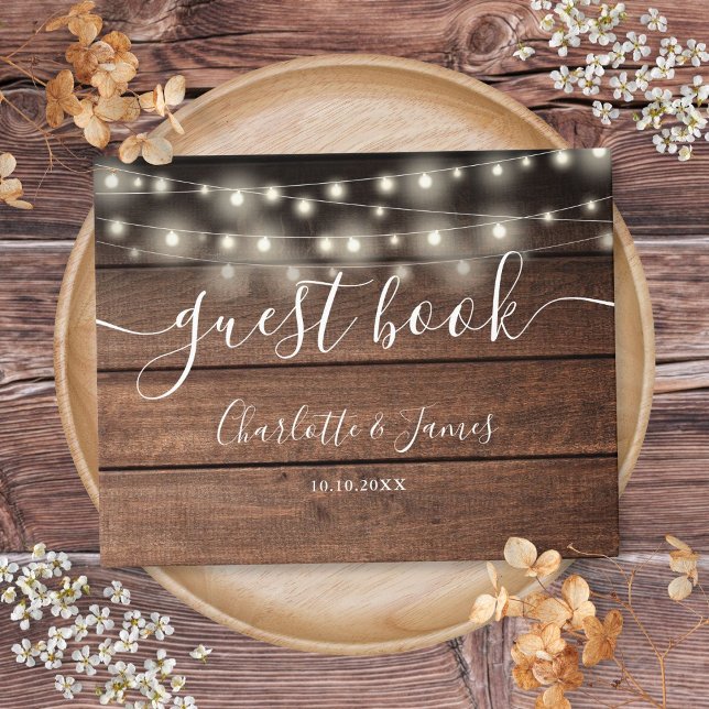 Rustic Wood String Lights Script Wedding Guest Book (Rustic Wood String Lights Script Wedding Guest Book)