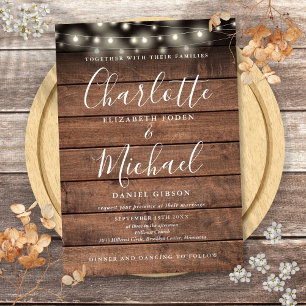 Rustic Wood String Lights Script Wedding Invitation