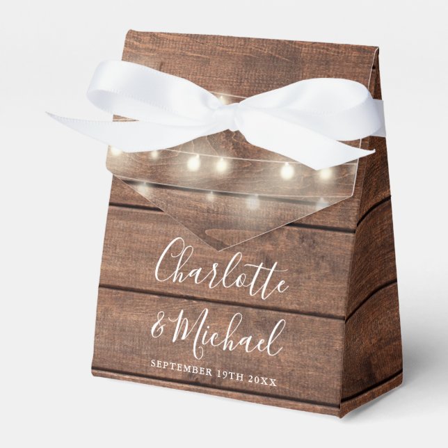 Rustic Wood String Lights Signature Script Wedding Favor Box (Front Side)