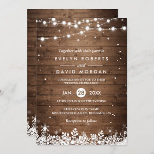 Rustic Wood String Lights Snowflake Winter Wedding Invitation