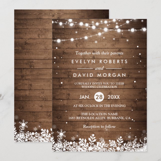 Rustic Wood String Lights Snowflake Winter Wedding Invitation (Front/Back)