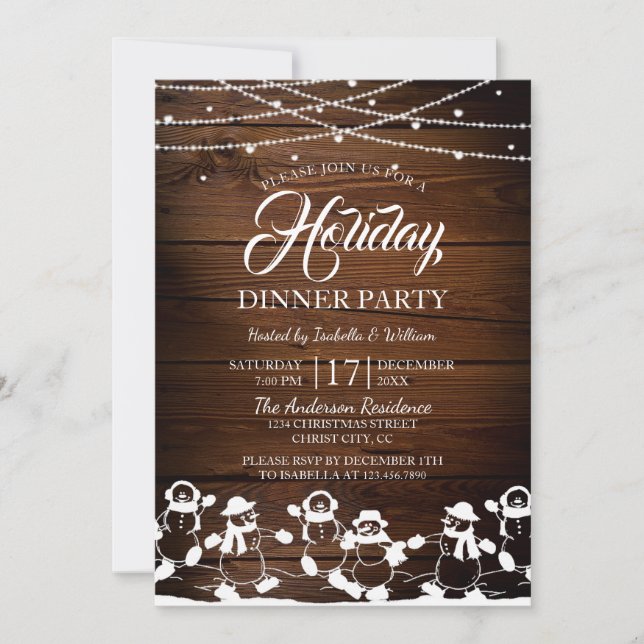 Rustic Wood String Lights Snowman Holiday Party Invitation (Front)