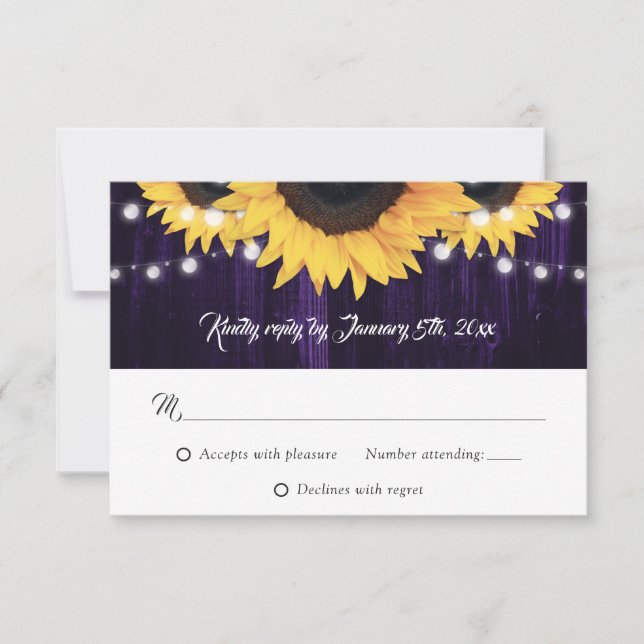 Rustic Wood String Lights Sunflower Purple Wedding RSVP Card (Front)