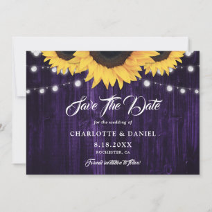 Rustic Wood String Lights Sunflower Purple Wedding Save The Date