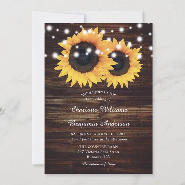 Rustic Wood String Lights Sunflower Wedding Invitation (Front)