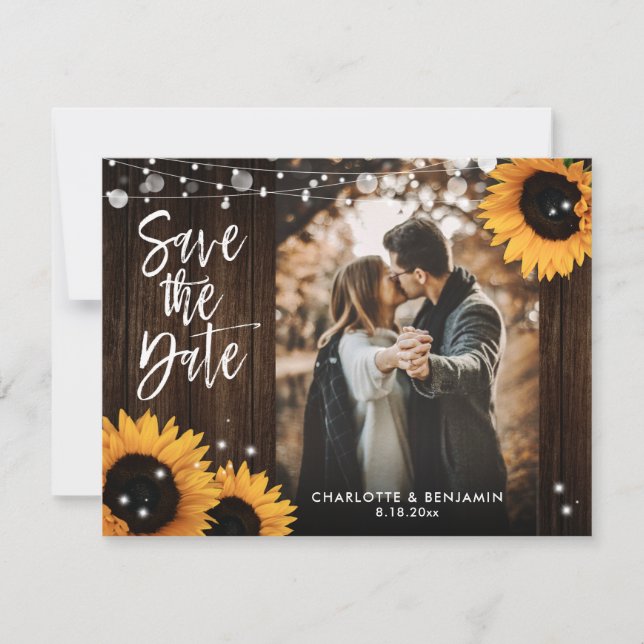 Rustic Wood String Lights Sunflower Wedding Photo Save The Date (Front)