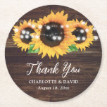 Rustic Wood String Lights Sunflower Wedding Round Paper Coaster<br><div class="desc">These sunflower wedding coasters are ideal favors for your rustic summer or fall wedding party inspired by sunflower flowers.</div>