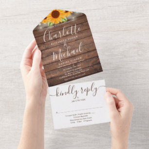 Rustic Wood String Lights Sunflowers Wedding All In One Invitation