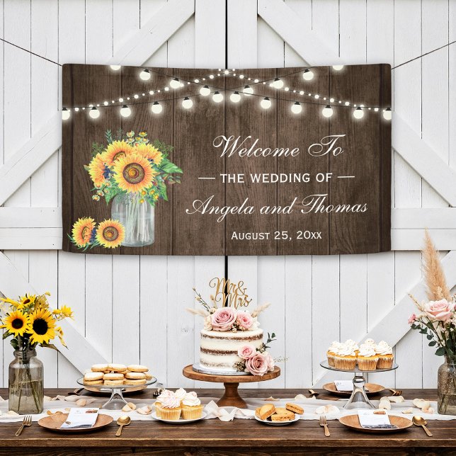 Rustic Wood String Lights Sunflowers Wedding Party Banner (Creator Uploaded)
