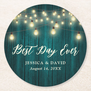 Rustic Wood String Lights Teal Wedding Round Paper Coaster