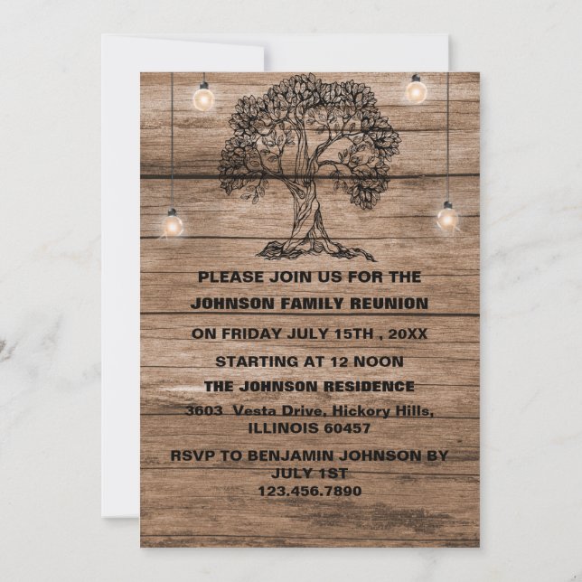Rustic Wood String Lights & Tree Family Reunion  I Invitation (Back)