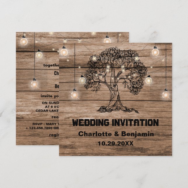 Rustic Wood String Lights & Tree Wedding Invitation (Front/Back)
