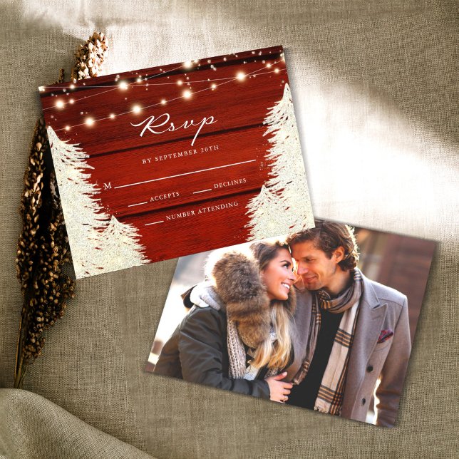 Rustic Wood | String Lights | Trees Photo RSVP Card (Creator Uploaded)