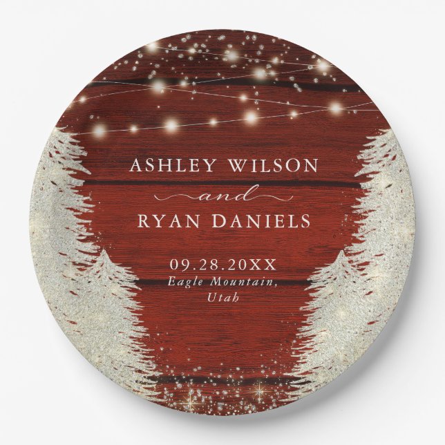 Rustic Wood | String Lights | Trees Wedding Paper Plate (Front)
