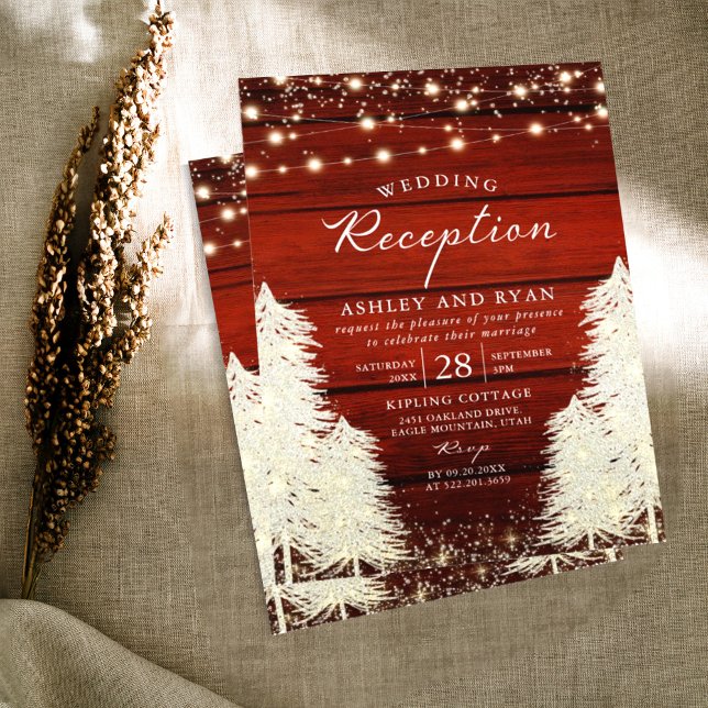 Rustic Wood String Lights Trees Wedding Reception Invitation (Creator Uploaded)