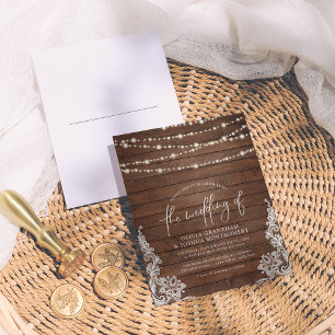 Rustic Wood, String Lights & Vintage Lace Wedding Postcard