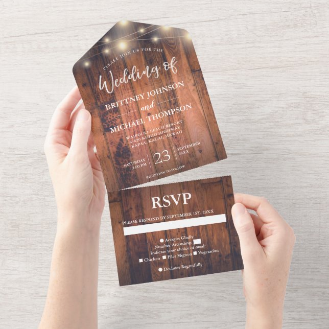 Rustic Wood String Lights Wedding All In One Invit Invitation (Tearaway)