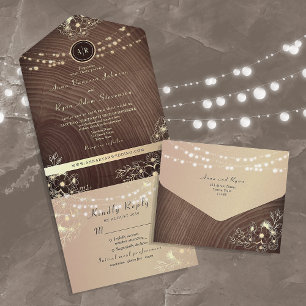 Rustic Wood String Lights Wedding All In One Invitation