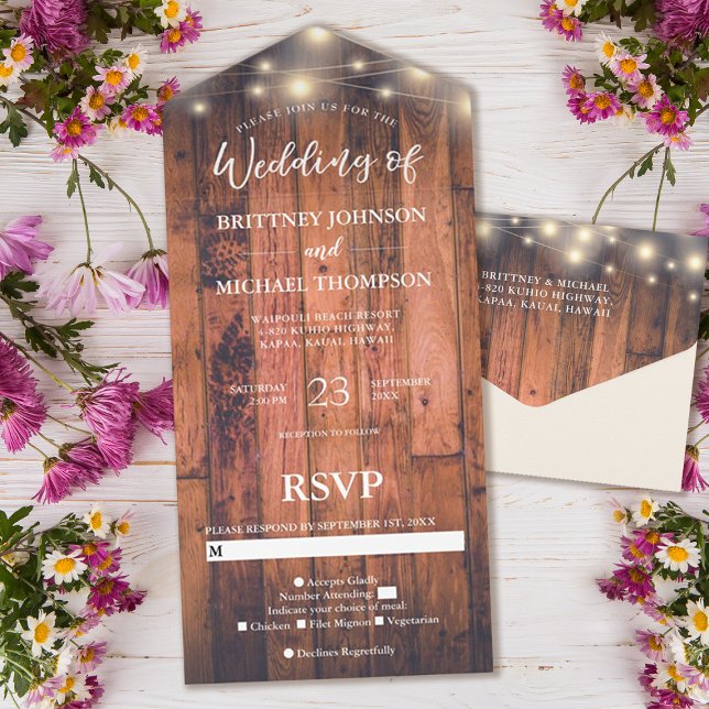 Rustic Wood String Lights Wedding All In One Invitation (Creator Uploaded)