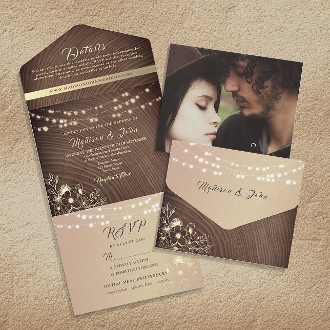 Rustic Wood String Lights Wedding All In One Invitation (All in one: Invitation wedding details RSVP and the photo of the couple! All arranged as an envelope)