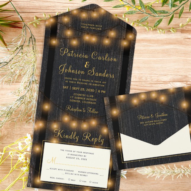 Rustic wood string lights wedding all in one invitation (Creator Uploaded)