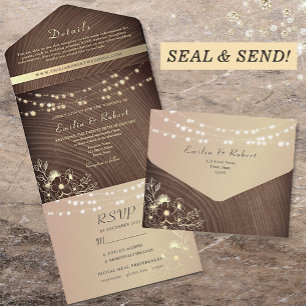 Rustic Wood String Lights Wedding All In One Invitation