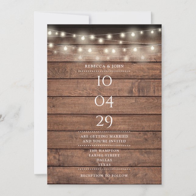 Rustic Wood String Lights Wedding Date Invitation (Front)
