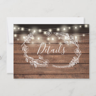 Rustic Wood String Lights Wedding Details Card