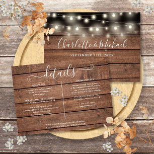 Rustic Wood String Lights Wedding Details Invitation