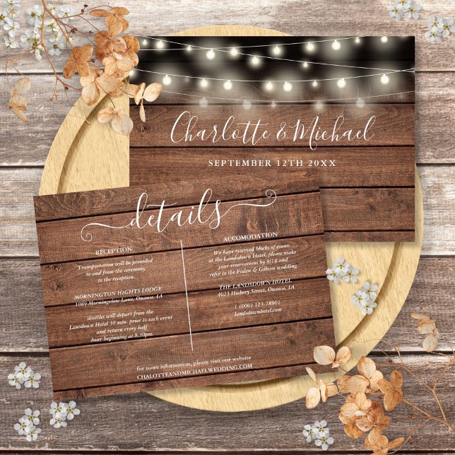Rustic Wood String Lights Wedding Details Invitation (Rustic Wood String Lights Wedding Details Invitation)