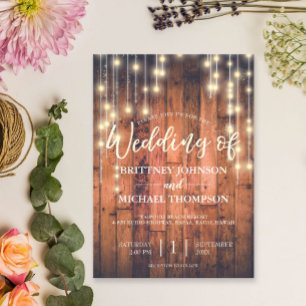 Rustic Wood String Lights Wedding Invitation