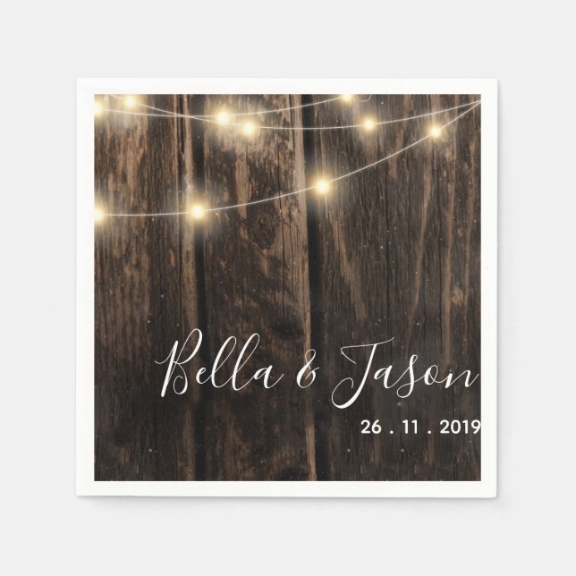 Rustic Wood String Lights Wedding Paper Napkin (Front)